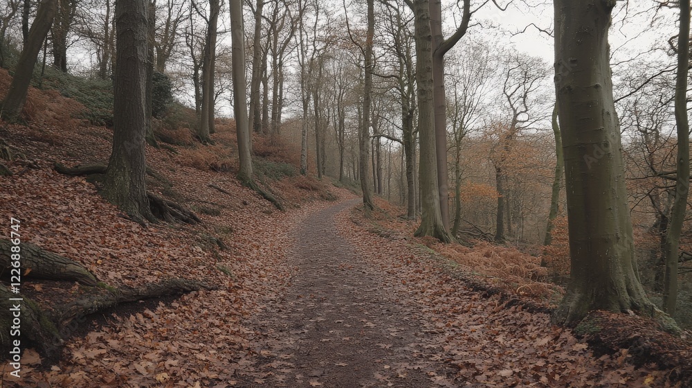 Cozy Autumn Pathway in a Forest with Fallen Leaves and Light Filtering Through Trees Cozy Autumn Pathway in a Forest with Fallen Leaves and Light Filtering Through Trees