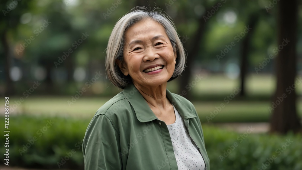 elderly asian female in green casual wear on a park background model portrait smiling for ad concept space for text elderly asian female in green casual wear on a park background model portrait smiling for ad concept space for text