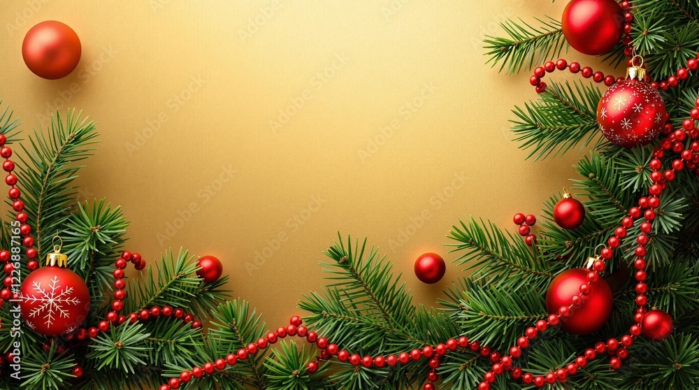 Festive Christmas Ornament with Pine Branch: Red and Gold Holiday Decoration Festive Christmas Ornament with Pine Branch: Red and Gold Holiday Decoration