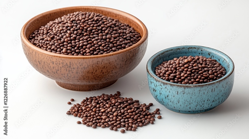Brown Seeds in Wooden and Ceramic Bowls on White Background Brown Seeds in Wooden and Ceramic Bowls on White Background