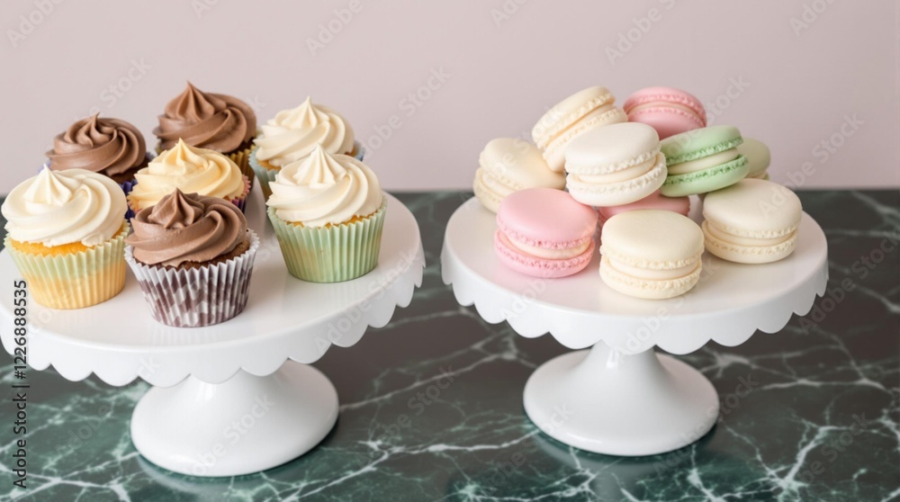 Delicious Cupcakes and Macarons Displayed on Elegant White Stands - Perfect for Dessert Lovers Delicious Cupcakes and Macarons Displayed on Elegant White Stands - Perfect for Dessert Lovers