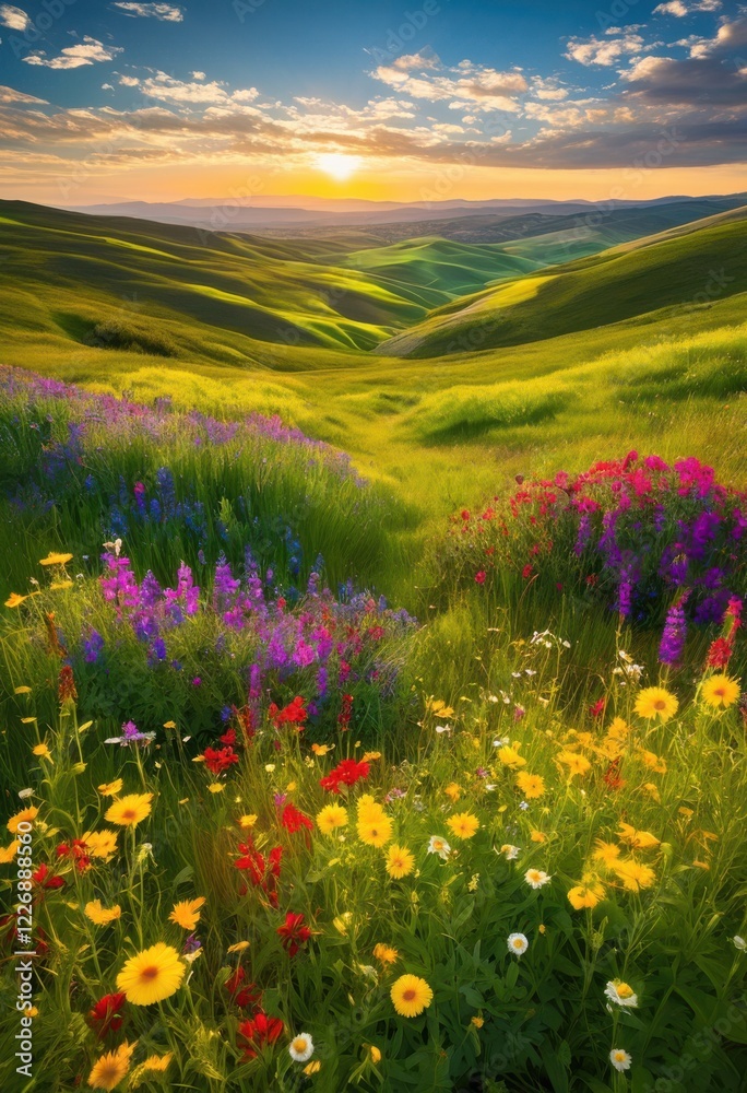 Obraz premium vibrant fields lush green pastures under clear sky colorful wildflowers gentle rolling hills, greenery, landscape, nature, scenery, agriculture, sunlight