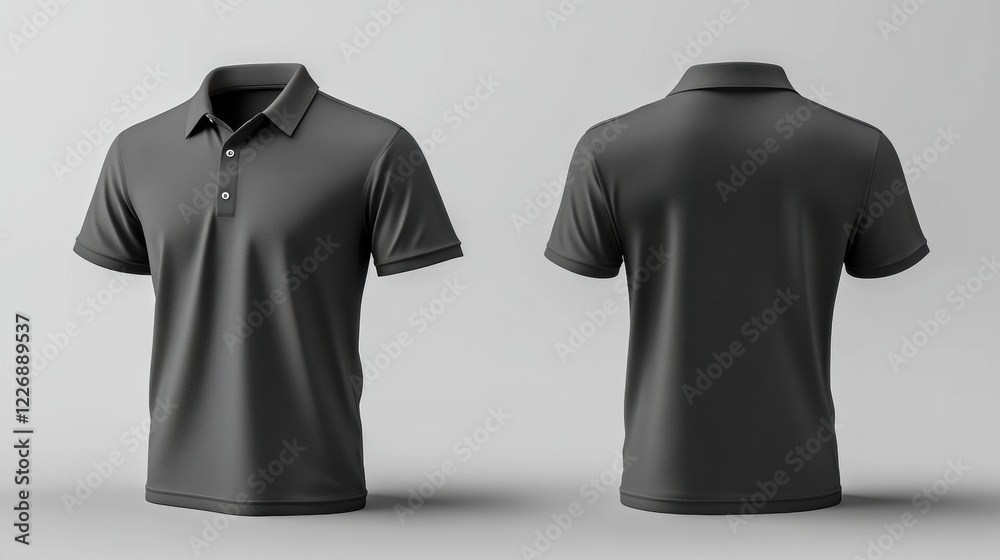 Black Polo Shirt Mockup on Gray Background with Front and Back View Black Polo Shirt Mockup on Gray Background with Front and Back View