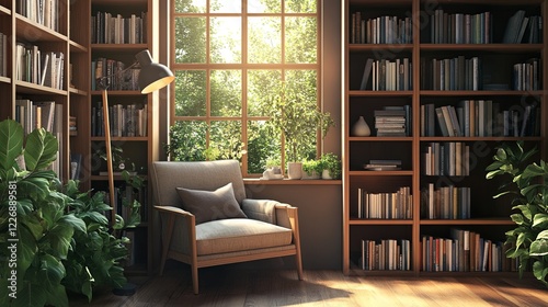 A calm library corner with a single armchair and a floor lamp. picture