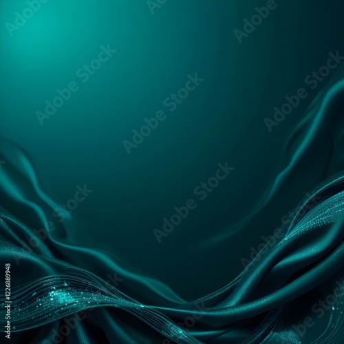 Armonioso fondo verde azulado y esmeralda. Textura de tela satinada de seda. Acentos brillantes y brillantes. Transición de color degradado. Patrones abstractos de ondas y rayas. Cortinas elegantes. E