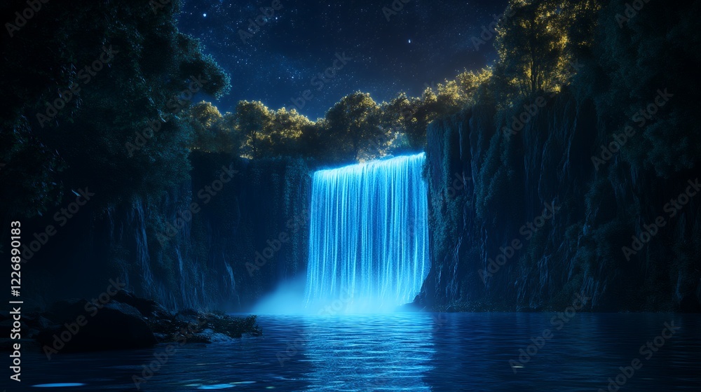 Enchanting Night Waterfall Cascading into a Tranquil Pool Surrounded by Lush Forest Under a Starry Enchanting Night Waterfall Cascading into a Tranquil Pool Surrounded by Lush Forest Under a Starry