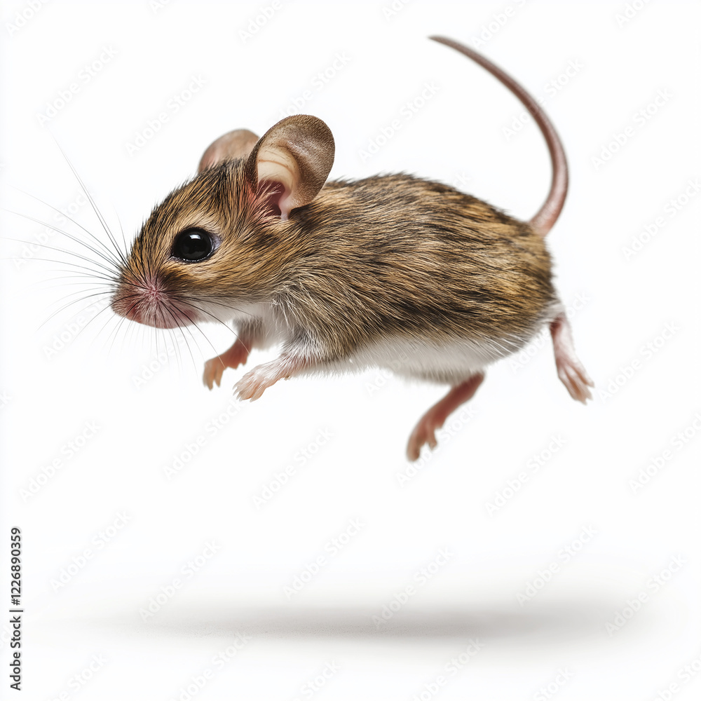 A small mouse jumping in the air, side view, plain white background. A small mouse jumping in the air, side view, plain white background.
