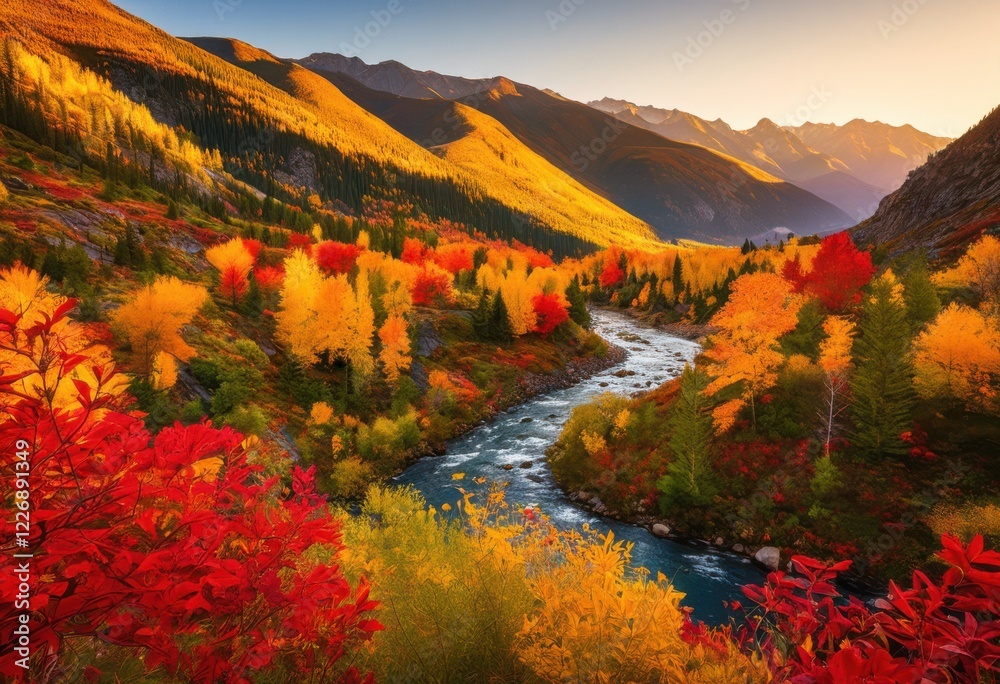 Naklejka premium vibrant nature escape showcasing seasonal transformations through colorful lush flora diversity, foliage, colors, landscapes, greenery, blossoms, horizons