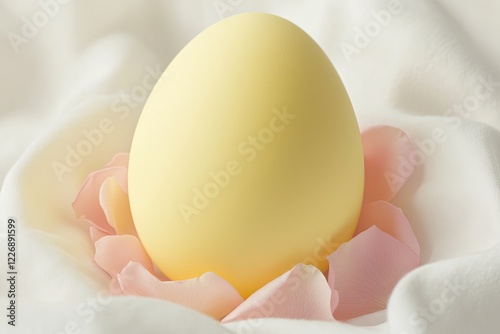 close-up of pastel yellow easter egg surrounded by ring of soft pink rose petals on clean white cloth photo