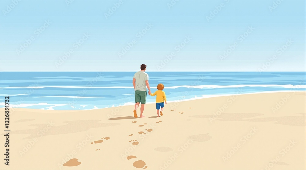 Father and Child Walking on a Serene Beach – Digital Illustration Father and Child Walking on a Serene Beach – Digital Illustration
