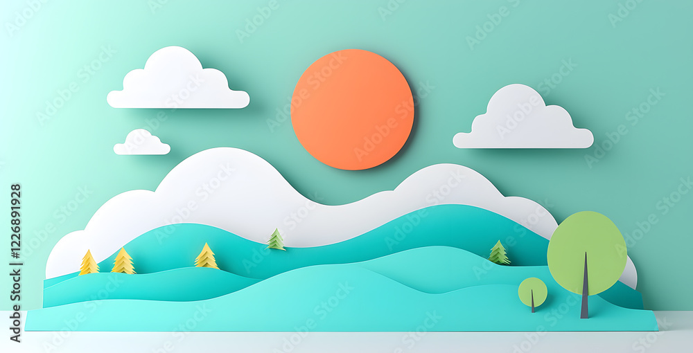 Landscape with mountains and sea waves in paper cut style Landscape with mountains and sea waves in paper cut style