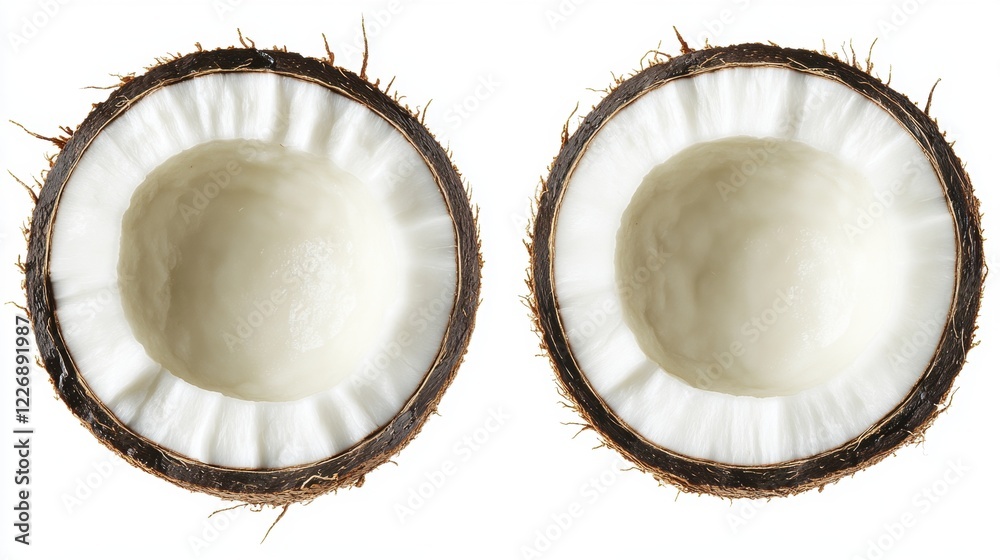 Fresh Halved Coconut Shells with Rough Brown Edges and White Flesh Fresh Halved Coconut Shells with Rough Brown Edges and White Flesh
