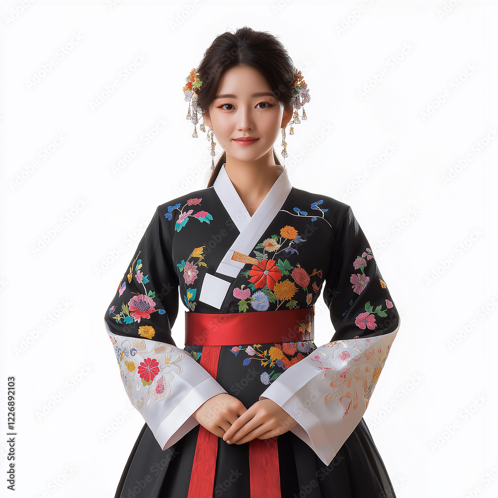 A beautiful woman wearing an elegant black hanbok with colorful floral patterns, white sleeves, and a red belt, in a traditional Korean hairstyle. A beautiful woman wearing an elegant black hanbok with colorful floral patterns, white sleeves, and a red belt, in a traditional Korean hairstyle.