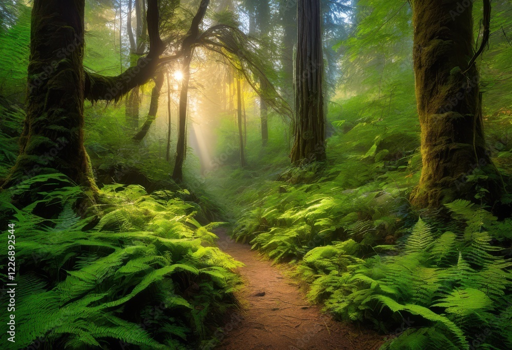 enchanting forest pathways illuminated warm soft sunrise light surrounded lush greenery gentle nature scenery, trees, twilight, dappled, landscape, morning