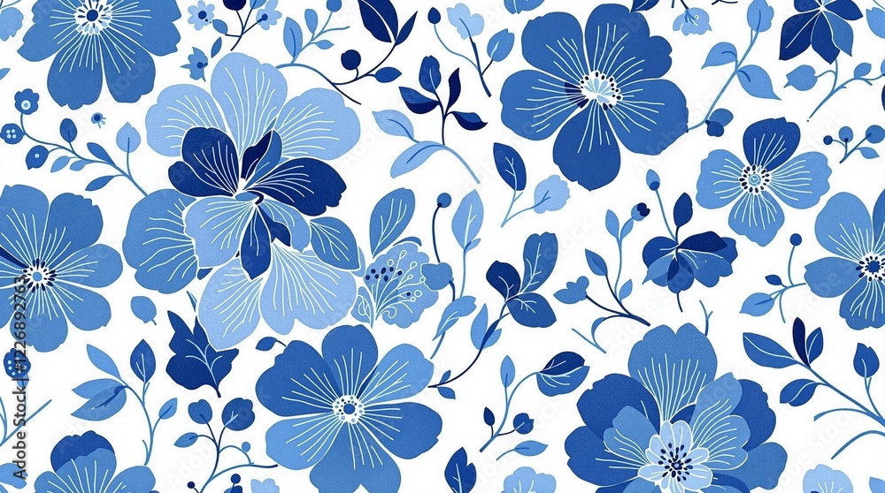 Obraz premium Monochromatic Blue Floral Pattern on White Background - Elegant and Intricate Design for Decor