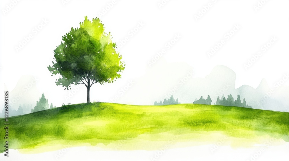 Fototapeta premium Lush Green Tree on Rolling Hill with Soft Watercolor Background