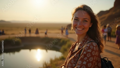 Woman is smiling while standing near pond in desert