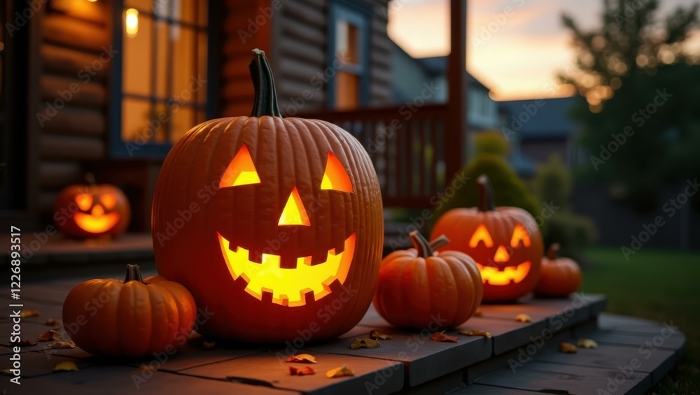 Pumpkins are glowing in dark on steps Pumpkins are glowing in dark on steps