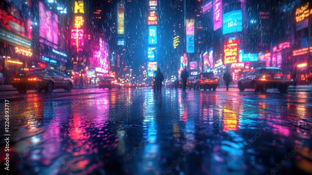 Fototapeta premium Vibrant cityscape at night with neon lights and reflections