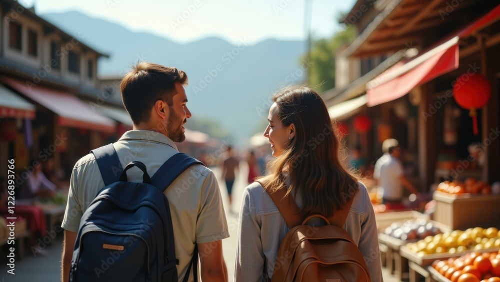 Fototapeta premium Man and woman are walking down street with their backpacks