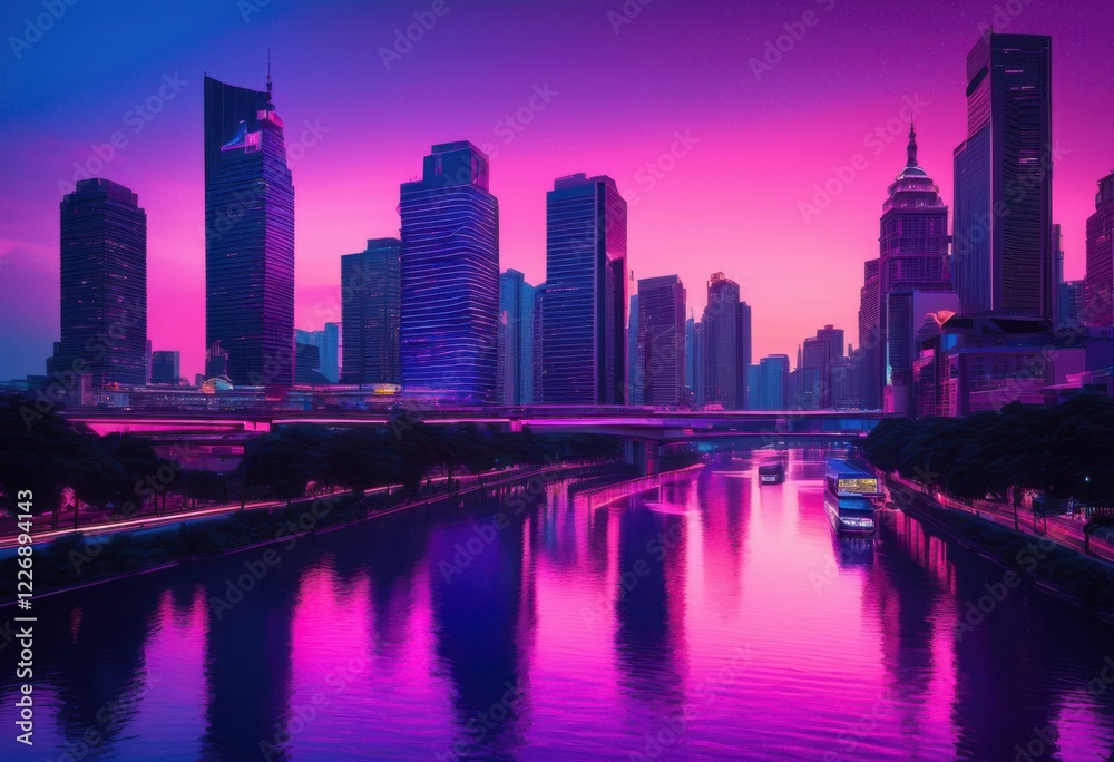 Naklejka premium vibrant cityscapes dusk illuminated glowing lights colorful urban landscape reflected twilight sky, evening, view, reflection, neon, buildings, night, scene