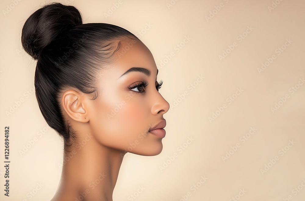 Naklejka premium young woman with long hair, showcasing her natural beauty and timeless style.