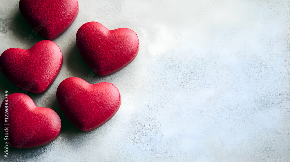 Obraz premium Vibrant red heart-shaped pills placed sporadically on a light gray background with clear, open space for Valentines-themed text