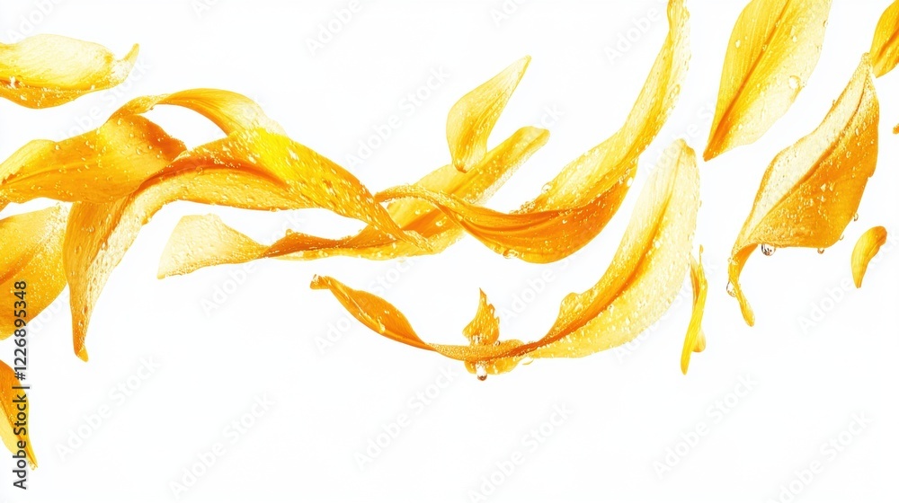 Vibrant Yellow Petals Floating with Water Droplets on White Background Vibrant Yellow Petals Floating with Water Droplets on White Background