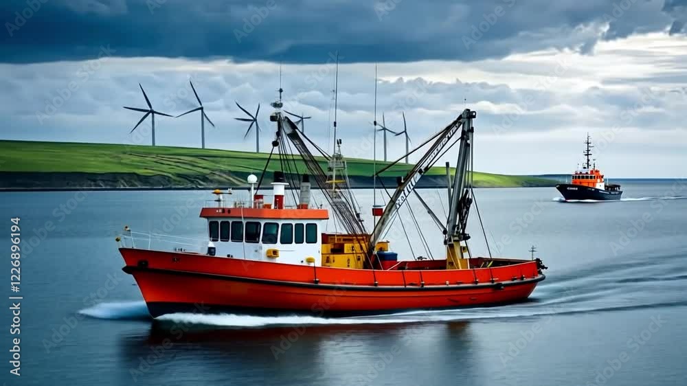 This video shows a colorful fishing boat in a tranquil sea. Wind turbines are visible in the distance. It symbolizes sustainability in fishing and energy. Generative AI. This video shows a colorful fishing boat in a tranquil sea. Wind turbines are visible in the distance. It symbolizes sustainability in fishing and energy. Generative AI.