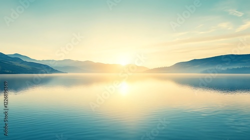 Serene Sunrise Over Calm Mountain Lake