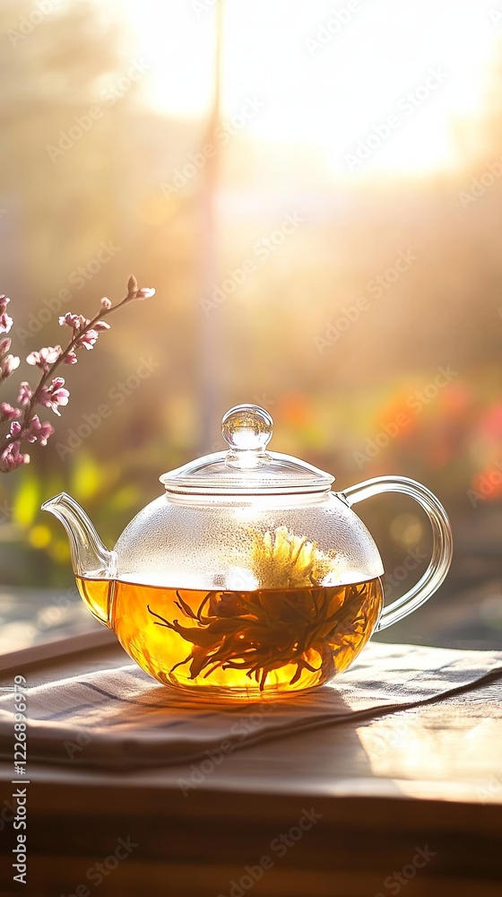 A clean glass teapot with blooming tea, placed against a soft sunlight backdrop. picture A clean glass teapot with blooming tea, placed against a soft sunlight backdrop. picture