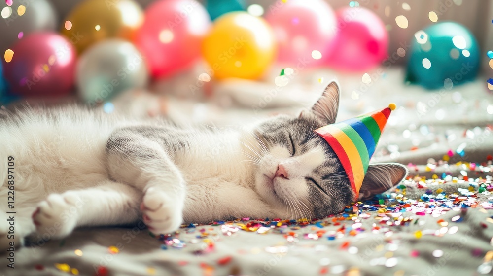 Fototapeta Sleeping Cat in a Party Hat Surrounded by Confetti and Balloons