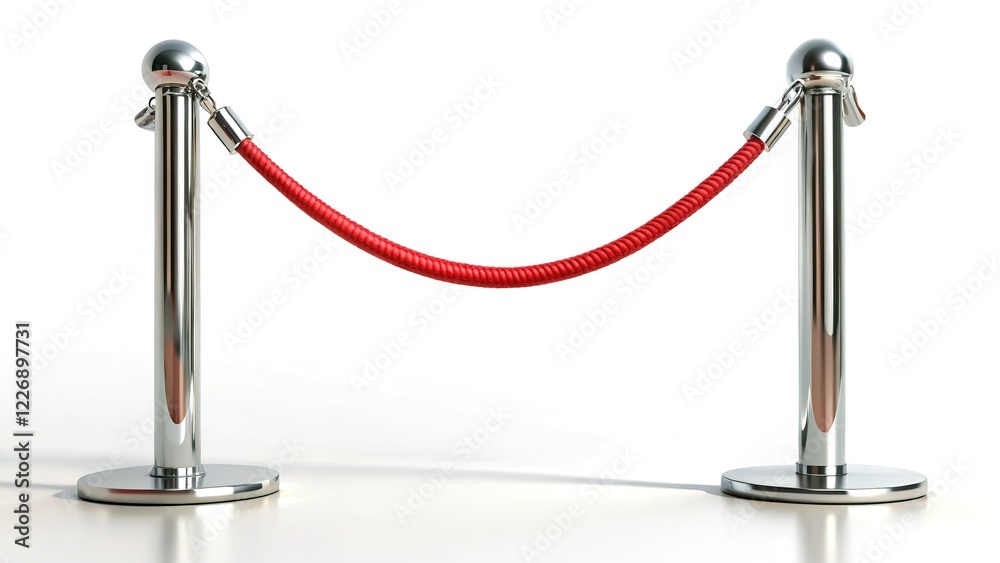 Isolated Stainless Steel Barricade with Red Rope on White Background - Stock Photo