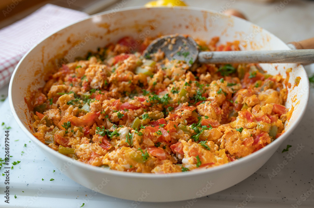 Turkish egg pan with vegetables. Delicious healthy low carb food fresh and homemade cooked Turkish egg pan with vegetables. Delicious healthy low carb food fresh and homemade cooked
