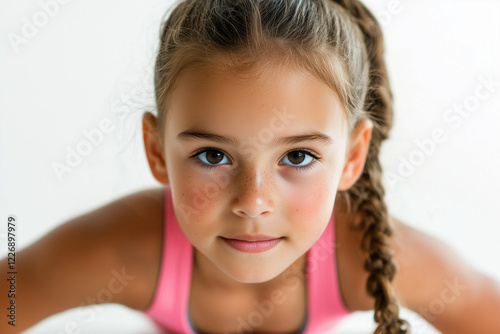 Determined young girl in a pink sports outfit, focused and ready for action. Perfect for themes of fitness, health, motivation, and active lifestyle. Ideal for blogs, ads, and social media campaigns photo