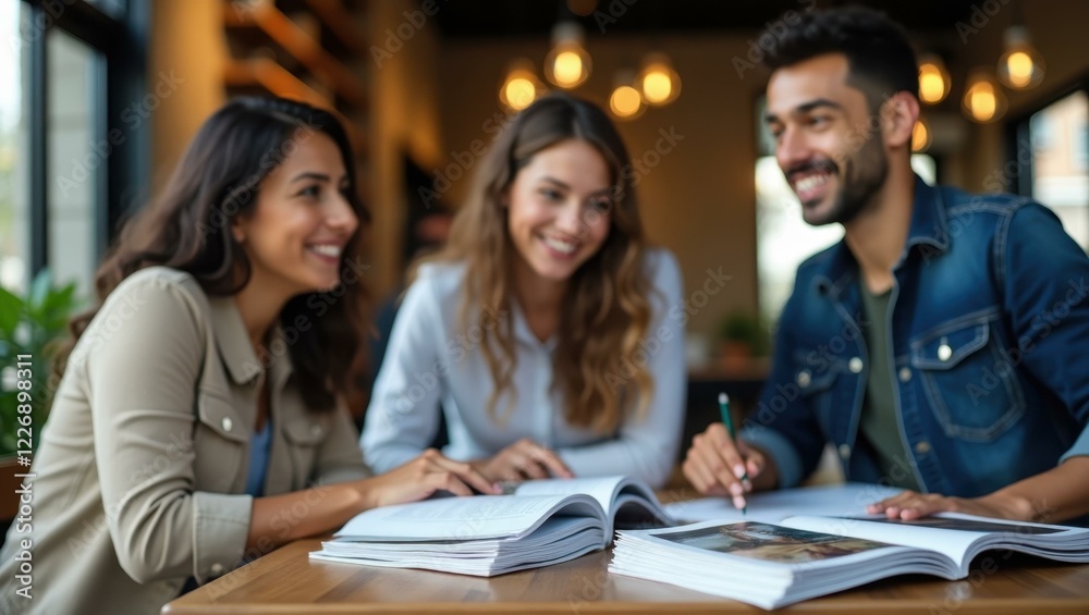 Three people are sitting at table with books and papers Three people are sitting at table with books and papers