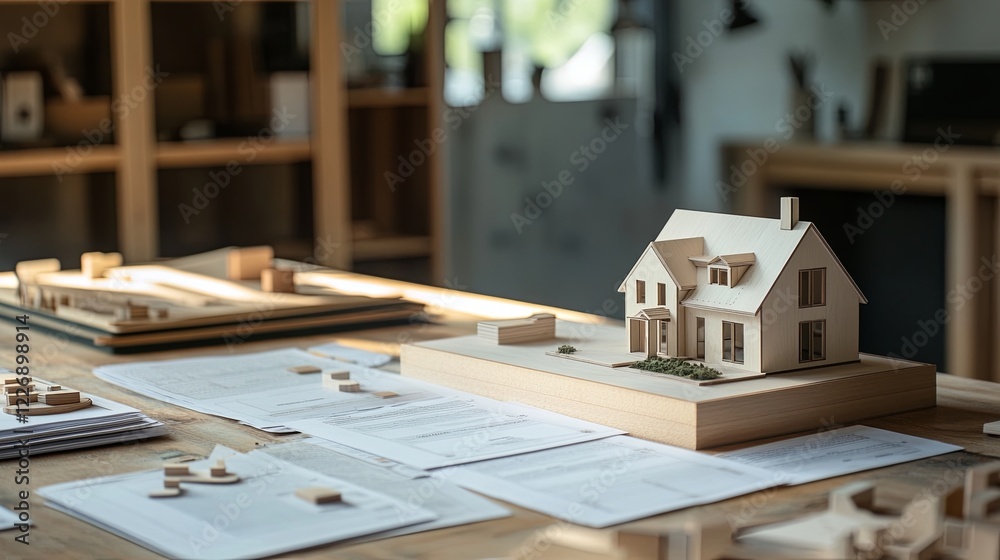 A clean table setup with zoning documents and a miniature wooden property. picture A clean table setup with zoning documents and a miniature wooden property. picture