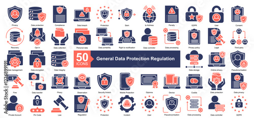 General Data Protection Regulation Icon Collection Set.Containing Privacy, Data protection, Compliance, Data breach, Protection, Siem, Ip Address icon. Simple dual tone style Vector Illustration.