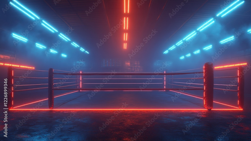 Neon-lit boxing ring, urban backdrop, fight night Neon-lit boxing ring, urban backdrop, fight night