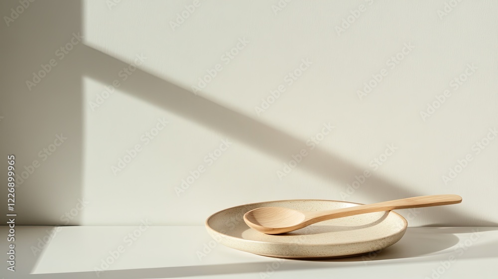 single wooden spoon resting on clean ceramic plate accented by faint shadows from nearby window single wooden spoon resting on clean ceramic plate accented by faint shadows from nearby window