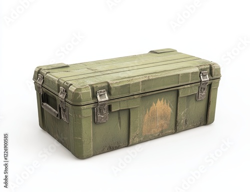 Olive green plastic military storage container with latches and handle.
