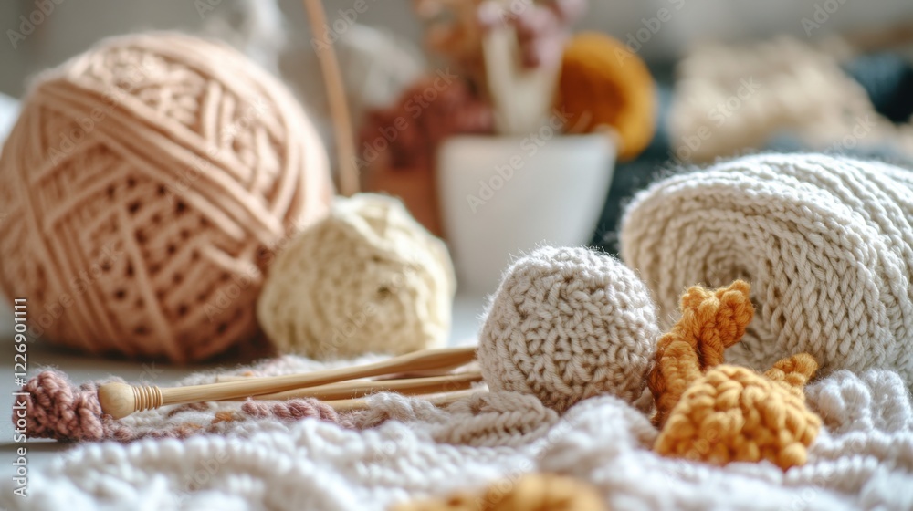 Scene of a crochet setup. Featuring yarn, hooks, and a partially finished piece. Highlighting the art of crochet. Ideal for DIY and craft blogs. Scene of a crochet setup. Featuring yarn, hooks, and a partially finished piece. Highlighting the art of crochet. Ideal for DIY and craft blogs.