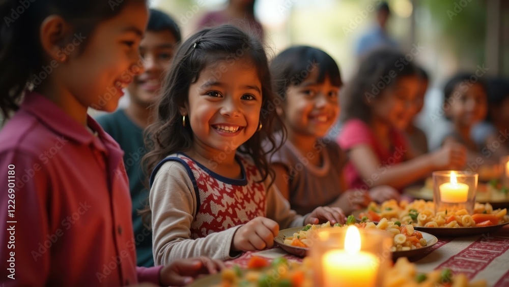 Children are sitting at table with their food and candles