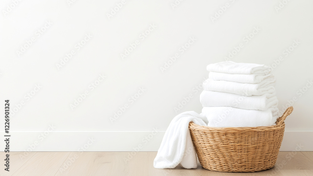 Clean white towels are neatly folded and stacked in a wicker laundry basket against a simple white wall with copy space Clean white towels are neatly folded and stacked in a wicker laundry basket against a simple white wall with copy space