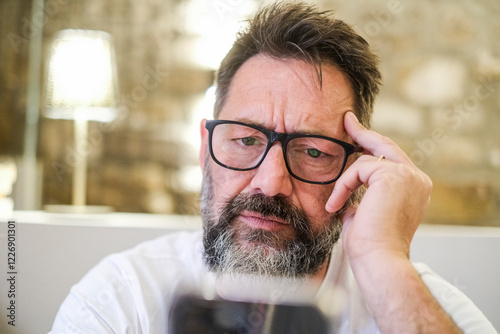 Serious man at home, using his phone to read a scam email with an alert notification, experiencing comprehension difficulties while surfing the web, browsing social media, and searching for solutions