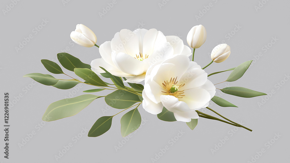 Fototapeta premium Delicate white flowers and green leaves on a gray background