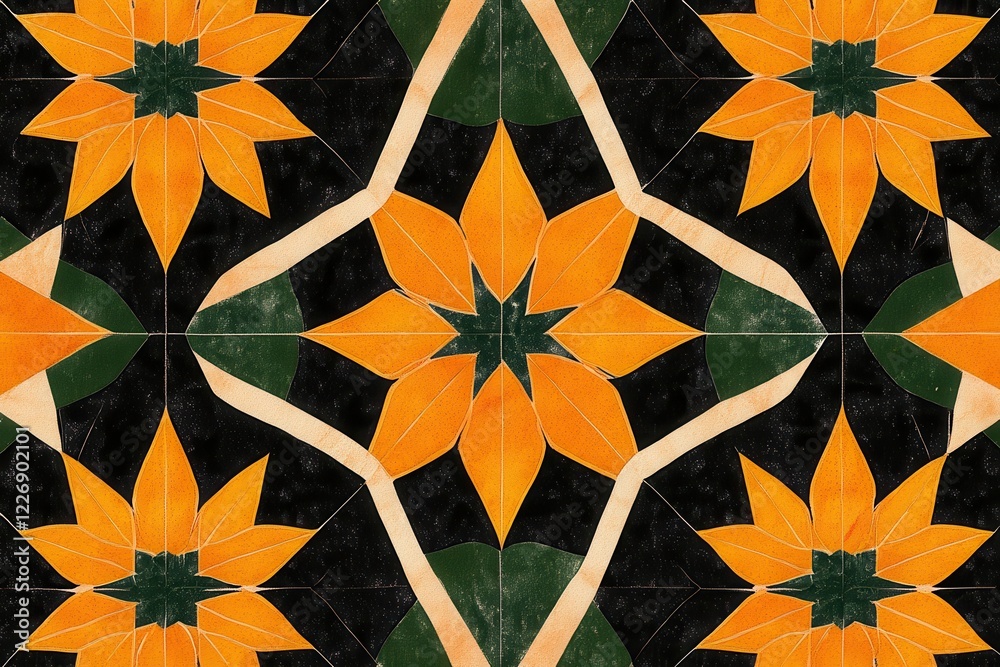 Orange flower tile floor pattern, geometric design, seamless texture, background, interior design Orange flower tile floor pattern, geometric design, seamless texture, background, interior design