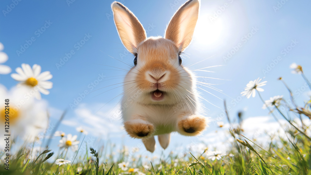Fototapeta premium Adorable rabbit jumping among daisies under a clear blue sky