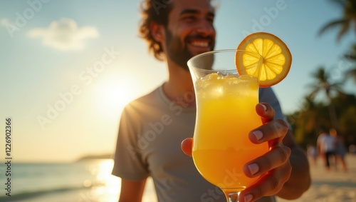 Man is holding glass of orange juice on beach
