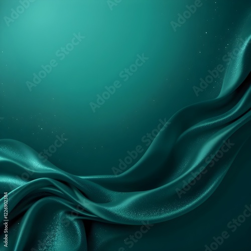 Fondo degradado de verde azulado oscuro a esmeralda. Tejido de raso de seda. Efecto brillo brillante. Patrones abstractos de ondas y líneas. Sutil juego de sombras. Cortinas elegantes. Espacio en blan